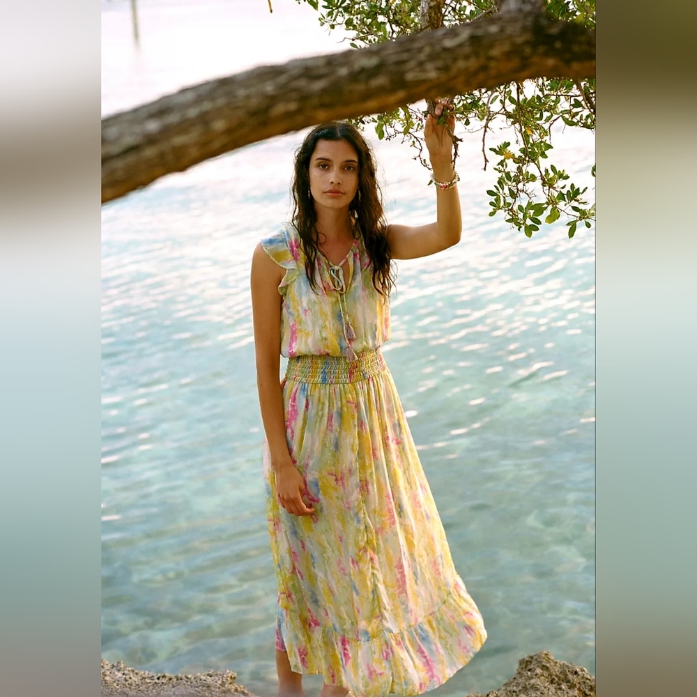 Antropologie Watercolor Sleeveless Shifon Smocked Waist Maxi Dress Yellow12